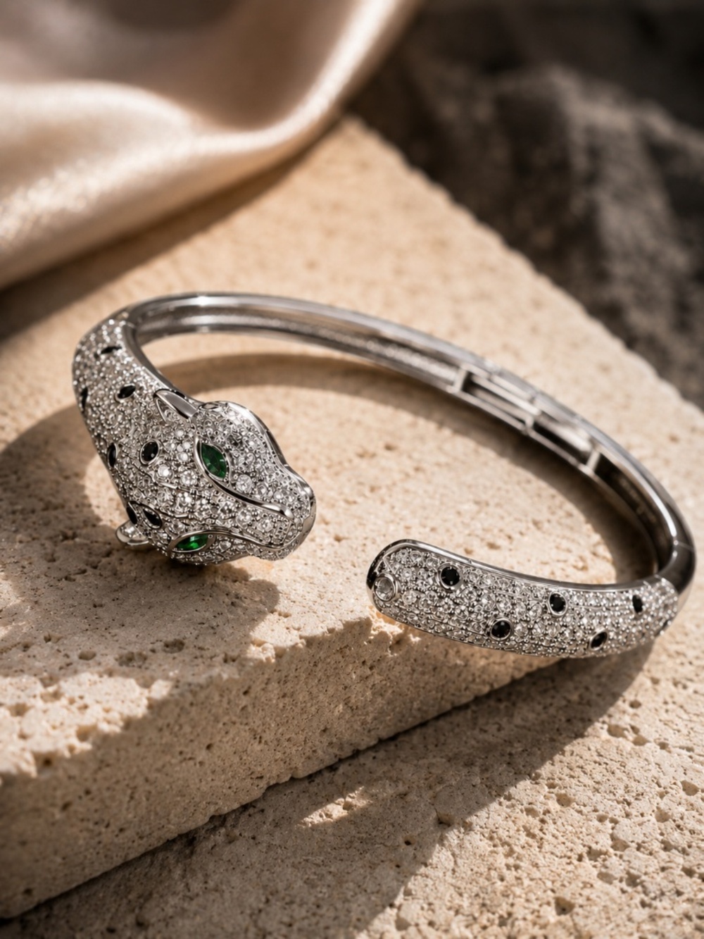 Silver Pavé Panther -Head Hinged Bracelet with Green Eyes - Picture 8 of 9